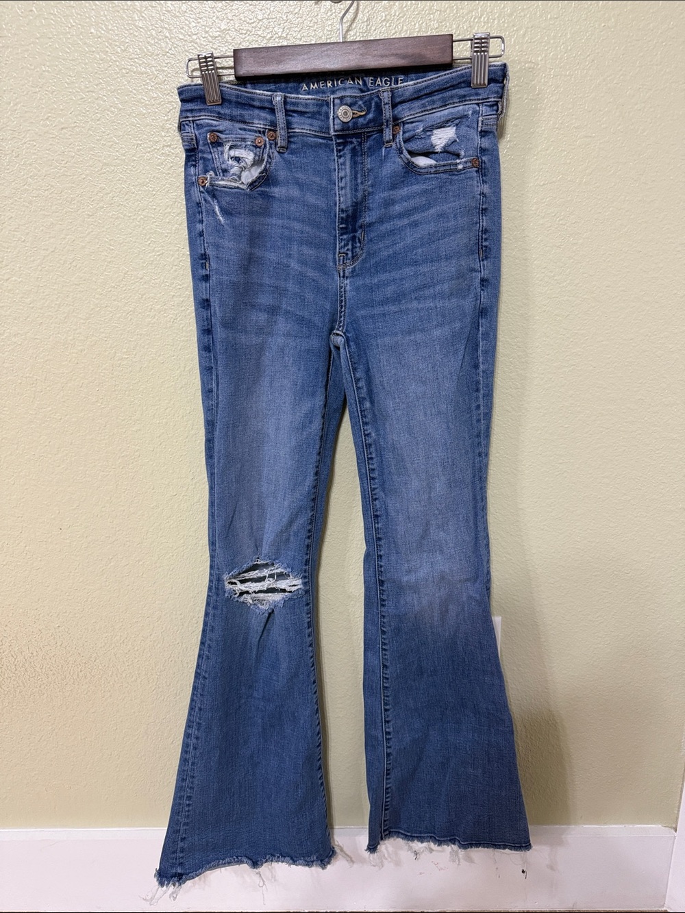 American Eagle Outfitters Distressed Super Hi-Rise Flare Jeans